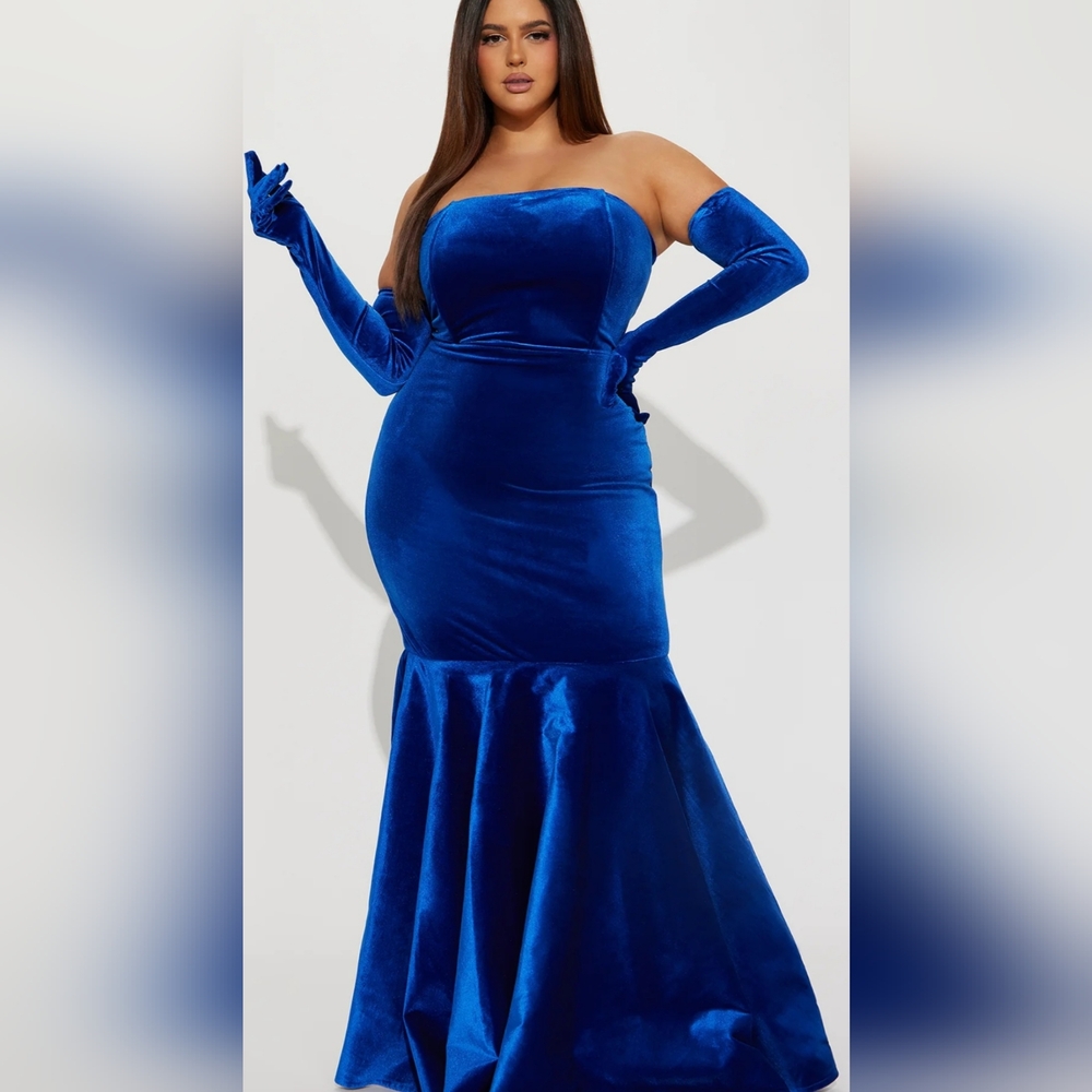 Blue Velvet Gown with Gloves